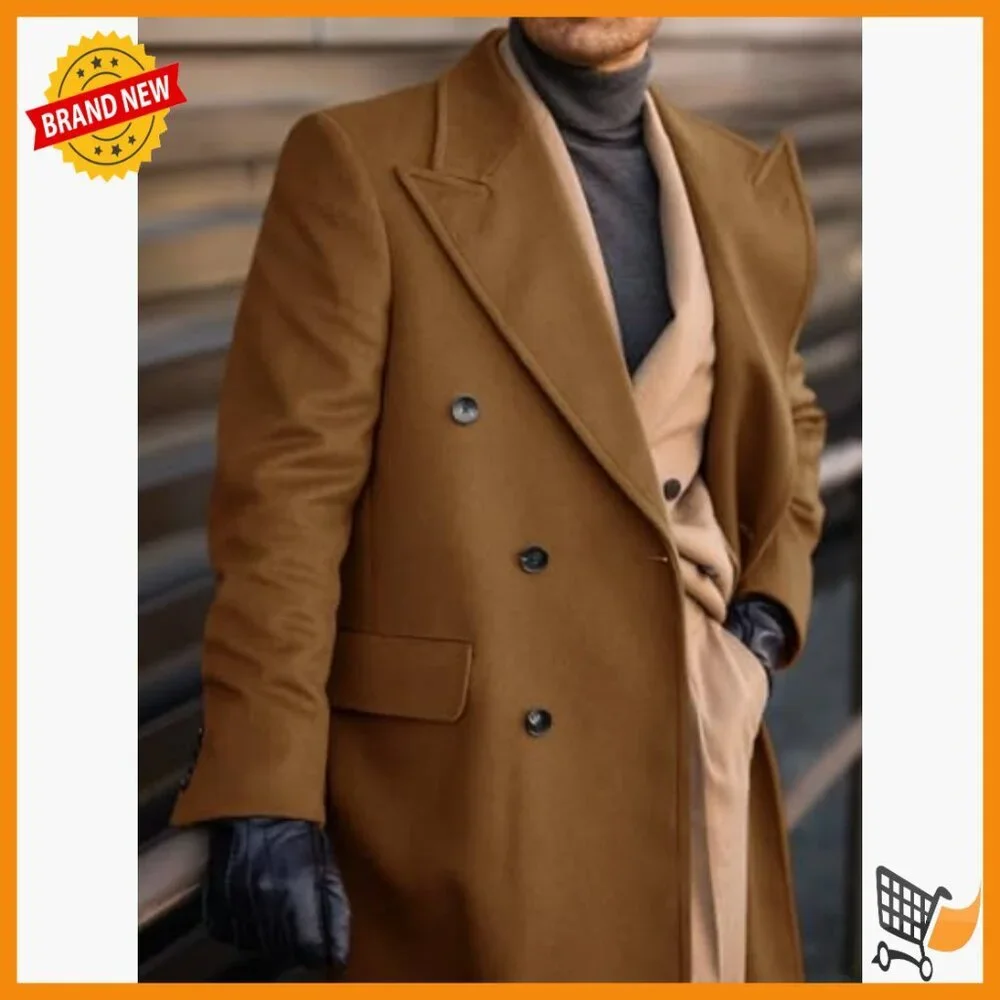 Men's Wool Blend Trench Coat Double Breasted Peacoat Winter Overcoat